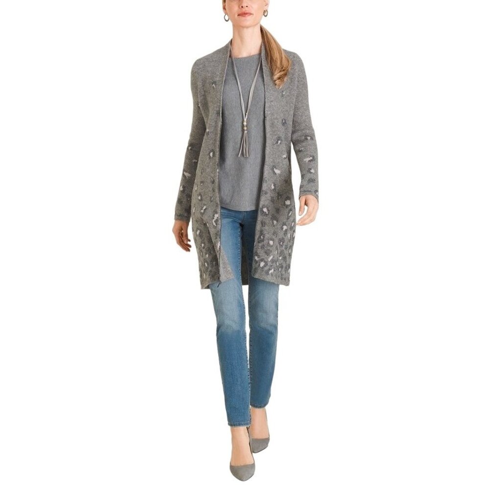 Chico’s Gray Animal-Print Embellished Jacquard Cardigan Size Medium Size 1